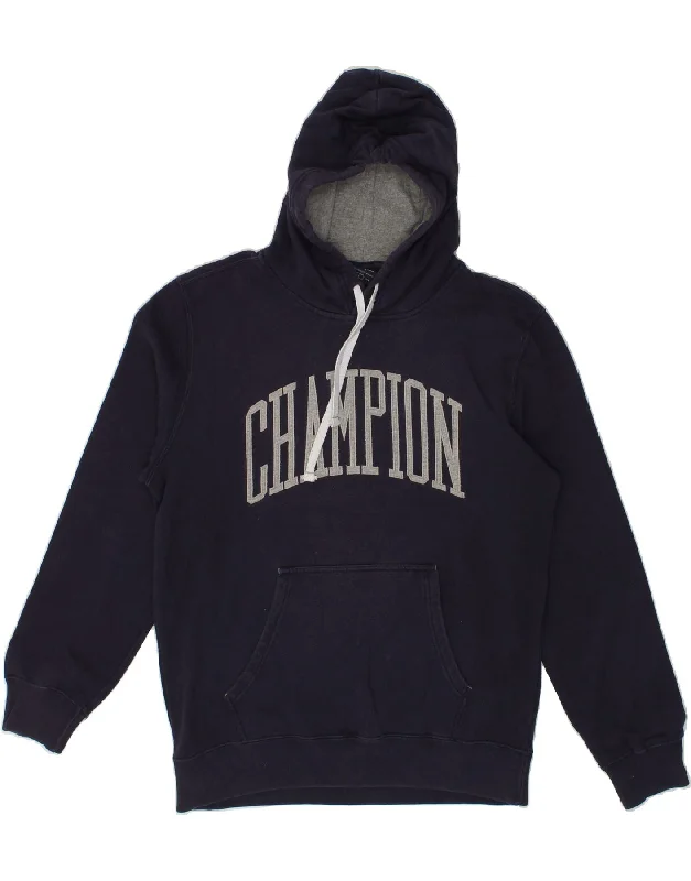 CHAMPION Mens Graphic Hoodie Jumper Large Navy Blue Cotton Hoodie with Emblem Brand Identity CHAMPION Mens Graphic Hoodie Jumper Large Navy Blue Cotton Hoodie with Emblem Brand Identity