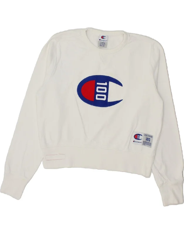 CHAMPION Womens Graphic Crop Sweatshirt Jumper UK 18 XL White Cotton Hoodie with Hem Frayed Vintage Worn CHAMPION Womens Graphic Crop Sweatshirt Jumper UK 18 XL White Cotton Hoodie with Hem Frayed Vintage Worn