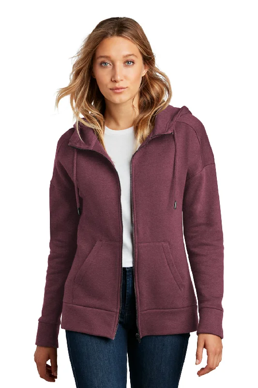 District Womens Perfect Weight Fleece Full Zip Hooded Sweatshirt Hoodie - Heather Loganberry