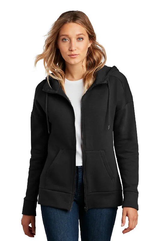 District Womens Perfect Weight Fleece Full Zip Hooded Sweatshirt Hoodie - Jet Black