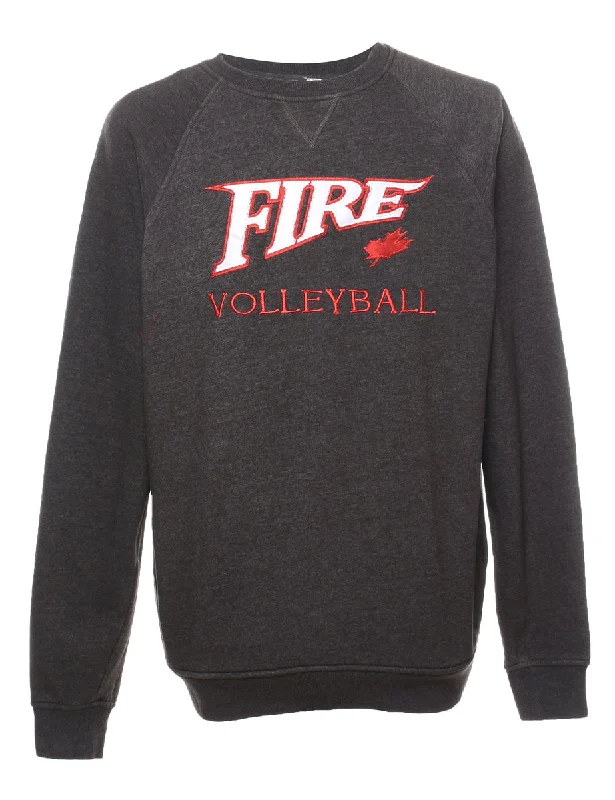 Embroidered Fire Volleyball Sports Dark Grey & Red Sweatshirt - M