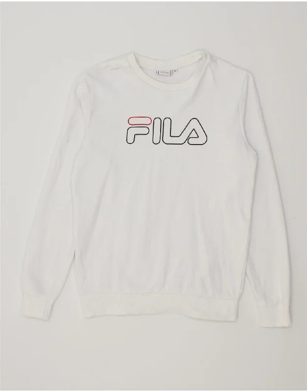 FILA Mens Graphic Sweatshirt Jumper Small White Cotton Hoodie with Front Slit Layering Stylish FILA Mens Graphic Sweatshirt Jumper Small White Cotton Hoodie with Front Slit Layering Stylish
