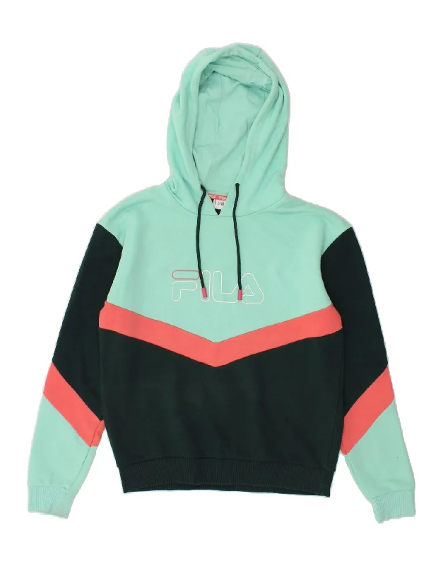 FILA Womens Graphic Hoodie Jumper UK 12 Medium Green Colourblock Cotton Hoodie with Belted Waist Structured Tailored FILA Womens Graphic Hoodie Jumper UK 12 Medium Green Colourblock Cotton Hoodie with Belted Waist Structured Tailored