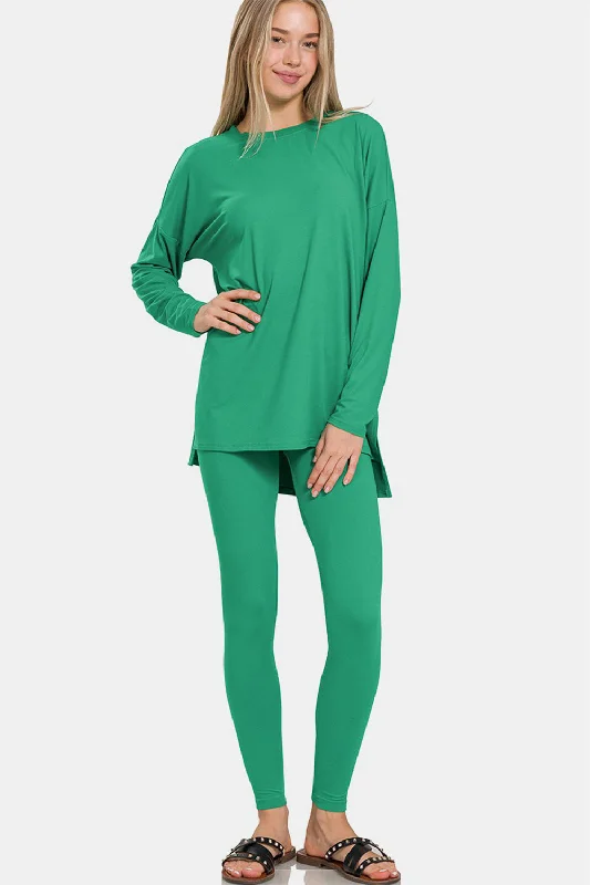 Full Size Brushed Microfiber Top and Leggings Lounge Set Fashionable Leather-Look Leggings Full Size Brushed Microfiber Top and Leggings Lounge Set Fashionable Leather-Look Leggings