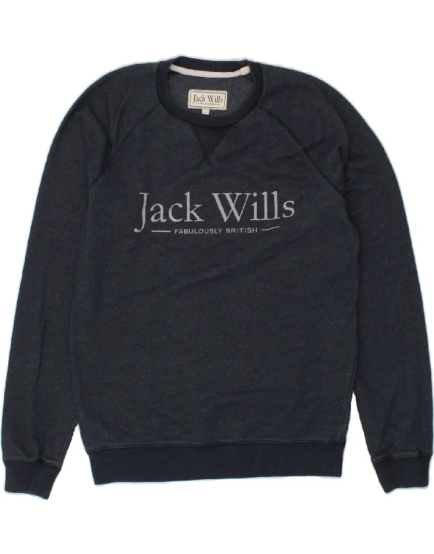 JACK WILLS Mens Graphic Sweatshirt Jumper Small Navy Blue Cotton Hoodie with Front Slit Layering Stylish JACK WILLS Mens Graphic Sweatshirt Jumper Small Navy Blue Cotton Hoodie with Front Slit Layering Stylish