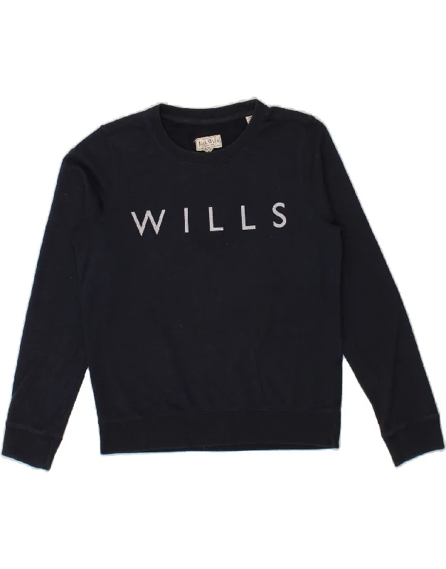 JACK WILLS Womens Graphic Sweatshirt Jumper UK 8 Small Navy Blue Cotton Hoodie with Distressed Vintage Worn JACK WILLS Womens Graphic Sweatshirt Jumper UK 8 Small Navy Blue Cotton Hoodie with Distressed Vintage Worn
