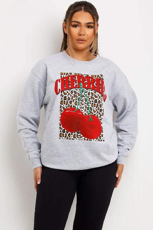 Leopard Cherry Printed Jumper Sweatshirt Grey