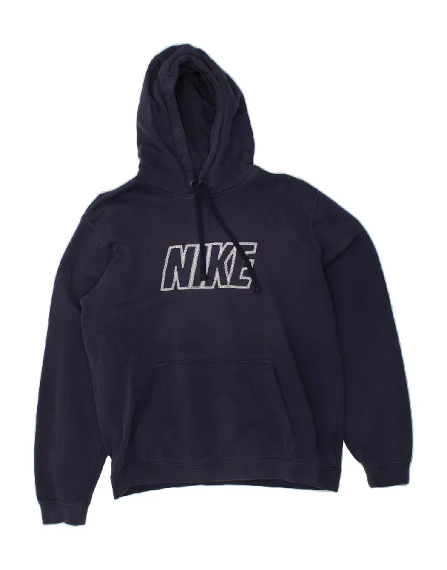 NIKE Mens Graphic Hoodie Jumper Medium Navy Blue Cotton Hoodie with Hem Embroidery Detailed Premium NIKE Mens Graphic Hoodie Jumper Medium Navy Blue Cotton Hoodie with Hem Embroidery Detailed Premium