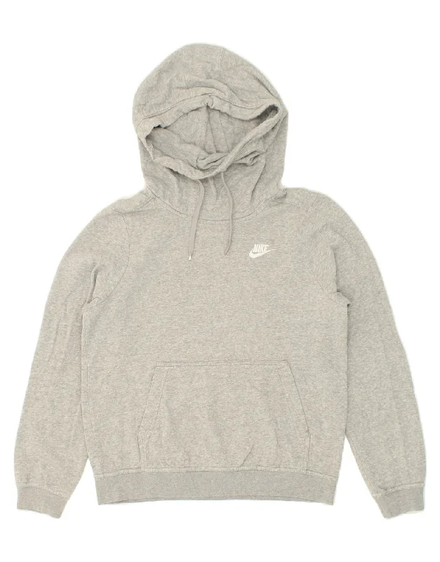 NIKE Womens Oversized Hoodie Jumper UK 10 Small Grey Cotton Hoodie with Hem Embroidery Detailed Premium NIKE Womens Oversized Hoodie Jumper UK 10 Small Grey Cotton Hoodie with Hem Embroidery Detailed Premium