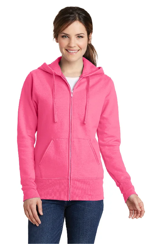 Port & Company Womens Core Pill Resistant Fleece Full Zip Hooded Sweatshirt Hoodie - Neon Pink