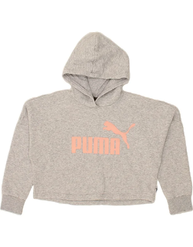 PUMA Girls Graphic Crop Hoodie Jumper 9-10 Years Grey Cotton