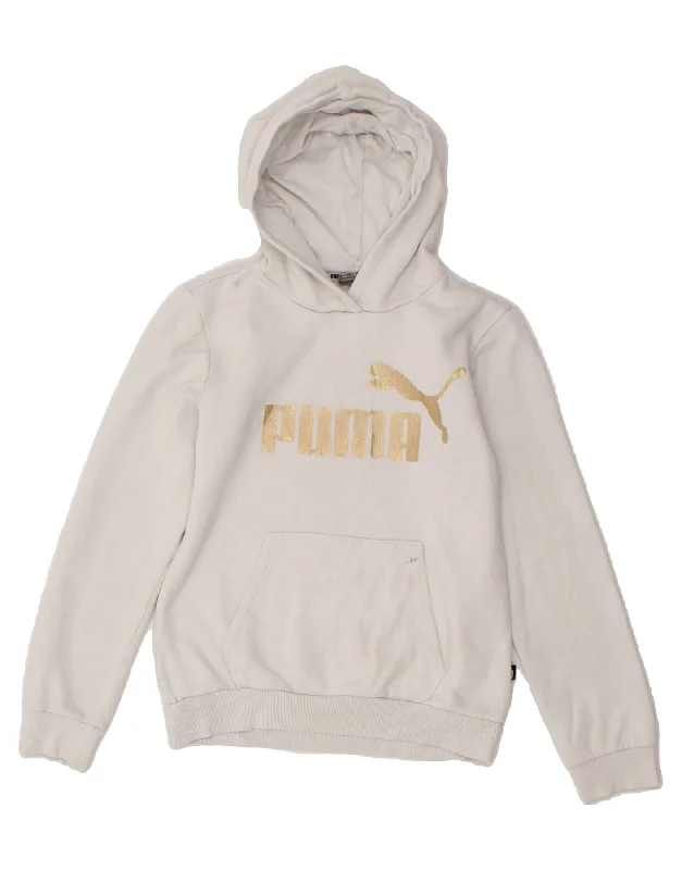 PUMA Girls Graphic Hoodie Jumper 11-12 Years White Cotton Hoodie with Mock Neck Collared Structured PUMA Girls Graphic Hoodie Jumper 11-12 Years White Cotton Hoodie with Mock Neck Collared Structured