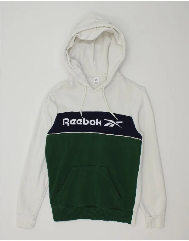 REEBOK Mens Graphic Hoodie Jumper XS White Colourblock Cotton Hoodie Crop Top Short Trendy REEBOK Mens Graphic Hoodie Jumper XS White Colourblock Cotton Hoodie Crop Top Short Trendy