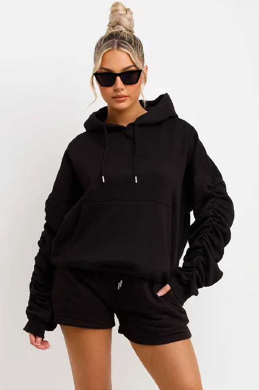 Short Tracksuit With Ruched Sleeve Hoodie Black