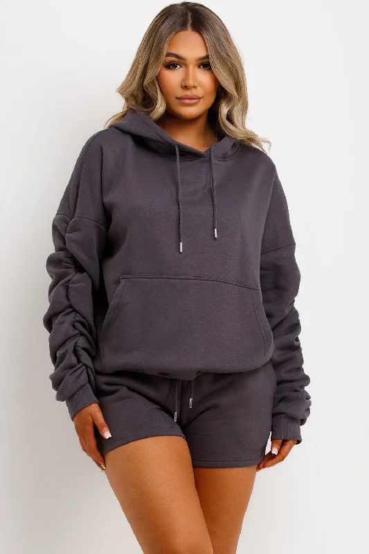 Short Tracksuit With Ruched Sleeve Hoodie Charcoal