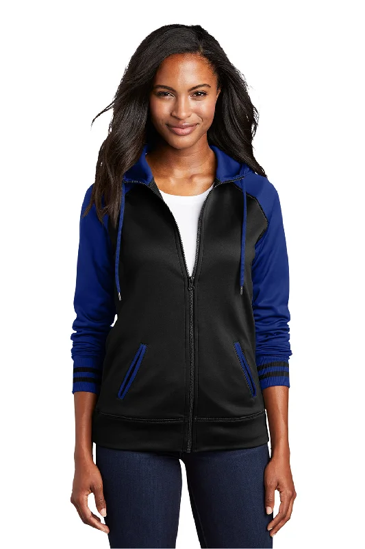 Sport-Tek Womens Sport-Wick Moisture Wicking Fleece Hooded Sweatshirt Hoodie - Black/True Royal Blue