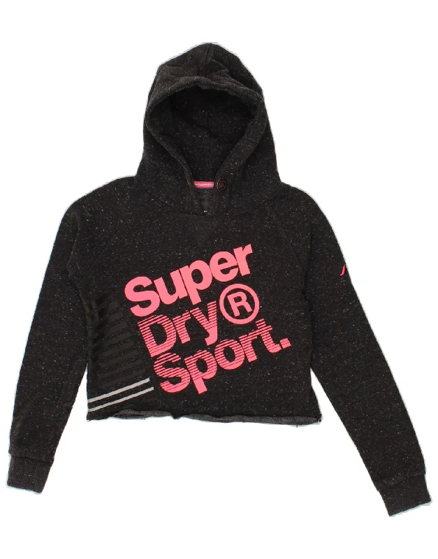 SUPERDRY Womens Crop Graphic Hoodie Jumper UK 10 Small Black Flecked Hoodie with Cropped Fit Short Trendy SUPERDRY Womens Crop Graphic Hoodie Jumper UK 10 Small Black Flecked Hoodie with Cropped Fit Short Trendy