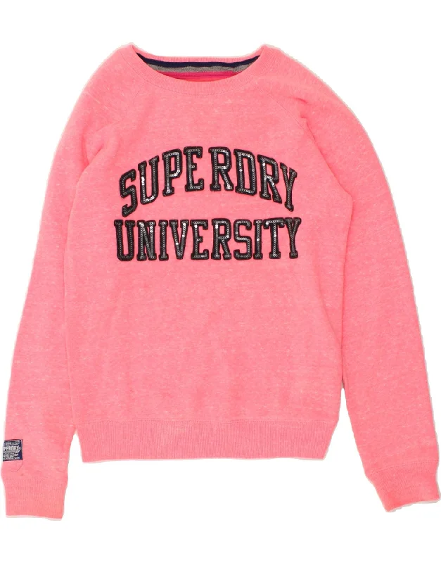 SUPERDRY Womens Oversized Graphic Sweatshirt Jumper UK 10 Small Pink Hoodie with Thumb Holes Functional Cozy