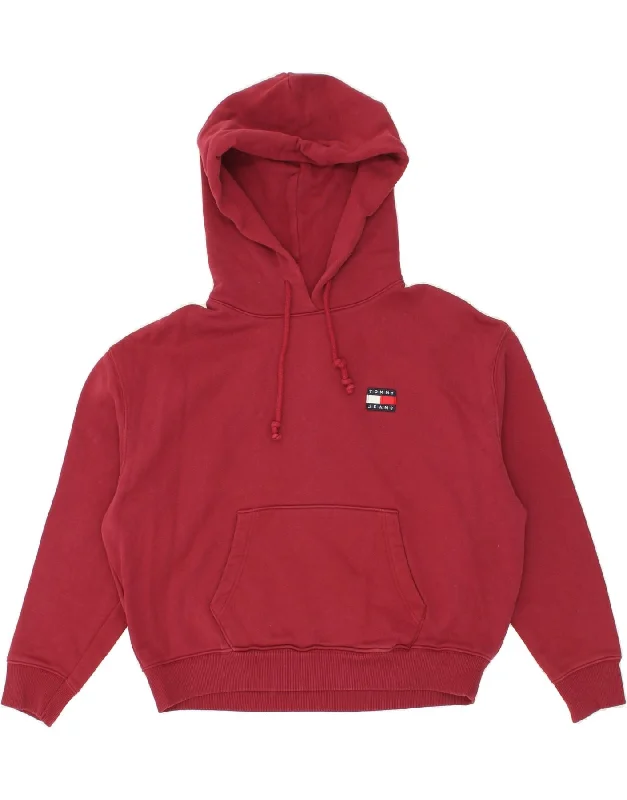 TOMMY HILFIGER Womens Crop Oversized Hoodie Jumper UK 14 Medium Burgundy Hoodie with Hem Frayed Vintage Worn TOMMY HILFIGER Womens Crop Oversized Hoodie Jumper UK 14 Medium Burgundy Hoodie with Hem Frayed Vintage Worn