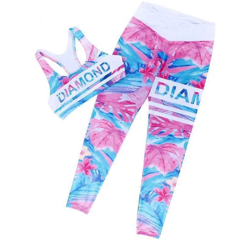 Diamonds Sports Bra & Printed Leggings Yoga Set Comfortable Slip-On Compression Leggings Diamonds Sports Bra & Printed Leggings Yoga Set Comfortable Slip-On Compression Leggings