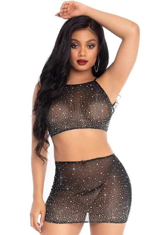 2 Pc Rhinestone Crop Top and Mini Skirt - Black - Large denim skirt trendy