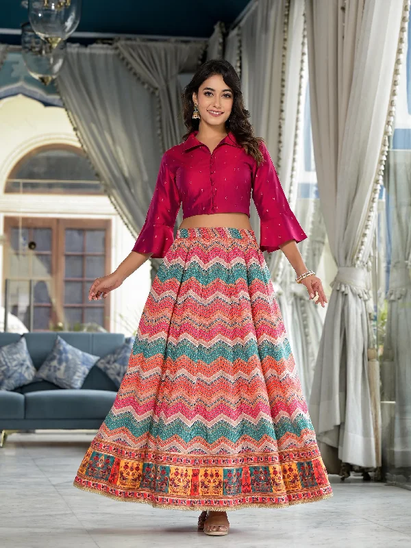 Multi Ethnic Motif Printed Cotton Crop Top And Skirt With Lace & Button Detail casual skirt length Multi Ethnic Motif Printed Cotton Crop Top And Skirt With Lace & Button Detail casual skirt length