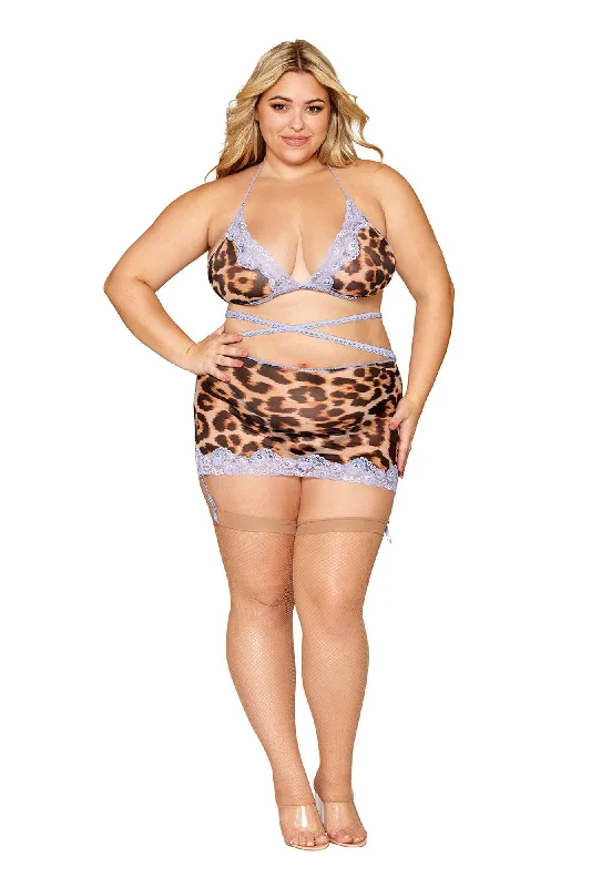 Leopard Bralette With Garter Skirt and G-String -  Queen Size - Leopard chiffon skirt floaty