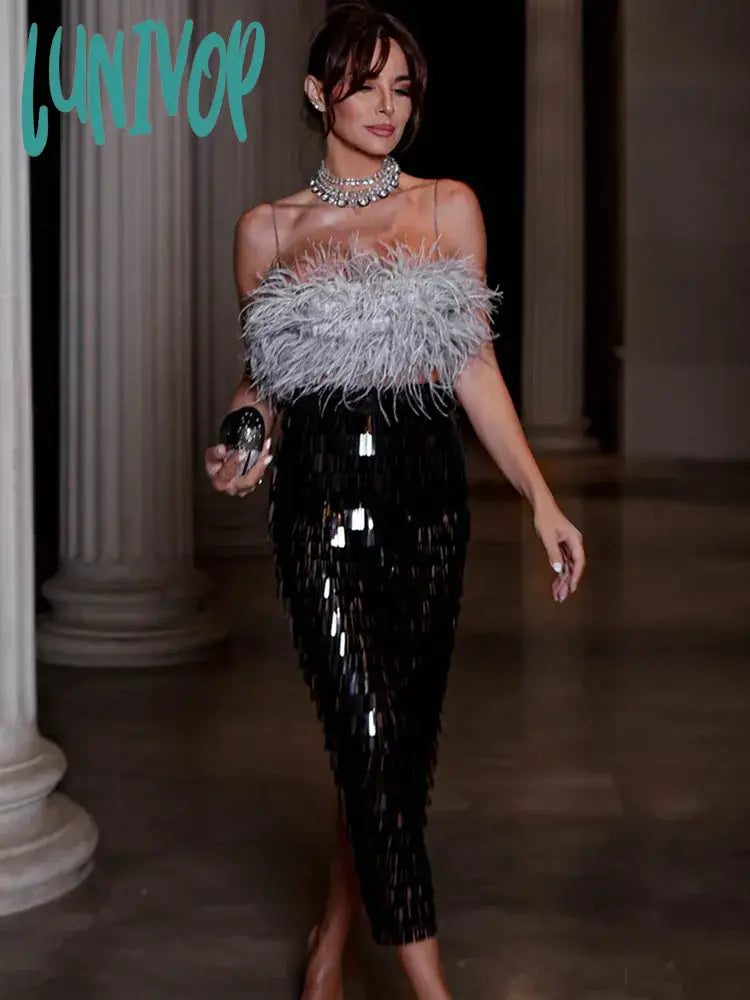 Lunivop Luxury Women Summer Sexy Strapless Backless Feather Black Mesh Sequins Bodycon Skirt Set Elegant Evening Club Party Outfits ribbed skirt waist Lunivop Luxury Women Summer Sexy Strapless Backless Feather Black Mesh Sequins Bodycon Skirt Set Elegant Evening Club Party Outfits ribbed skirt waist