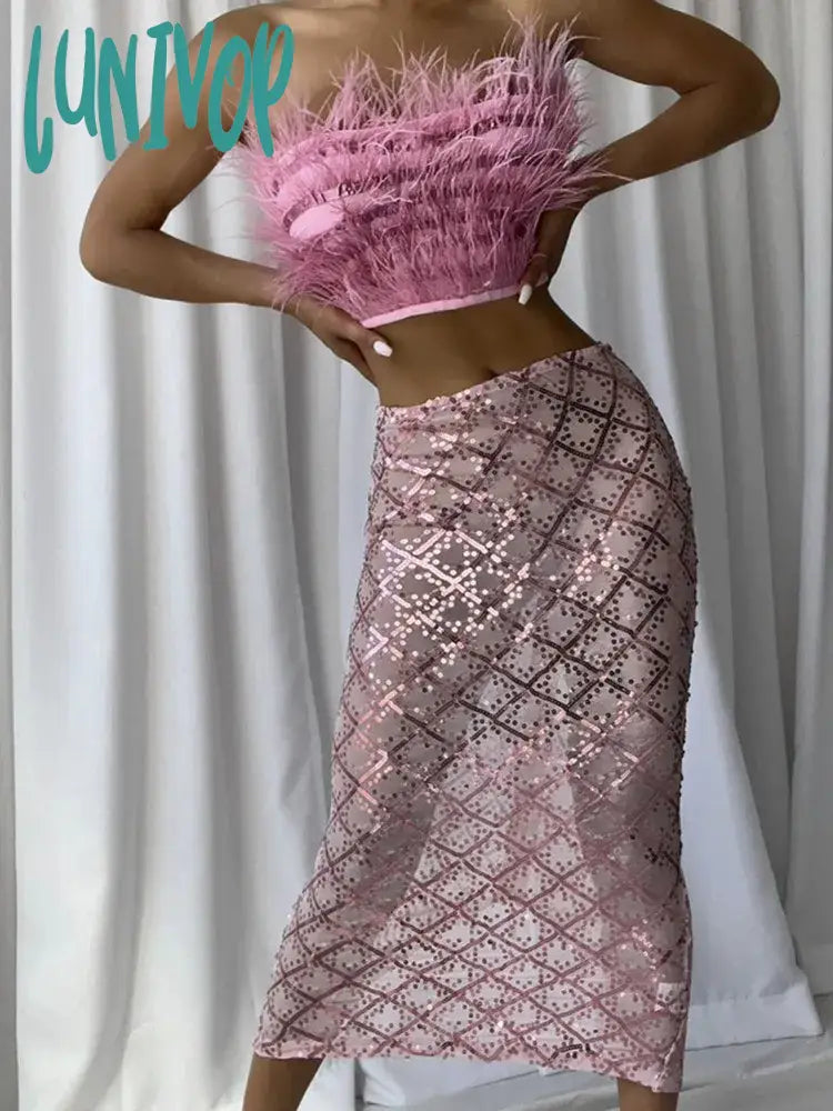 Lunivop Luxury Women Summer Sexy Strapless Backless Feather Pink Mesh Sequins Bodycon Skirt Set Elegant Evening Club Party Outfits modal blend skirt Lunivop Luxury Women Summer Sexy Strapless Backless Feather Pink Mesh Sequins Bodycon Skirt Set Elegant Evening Club Party Outfits modal blend skirt