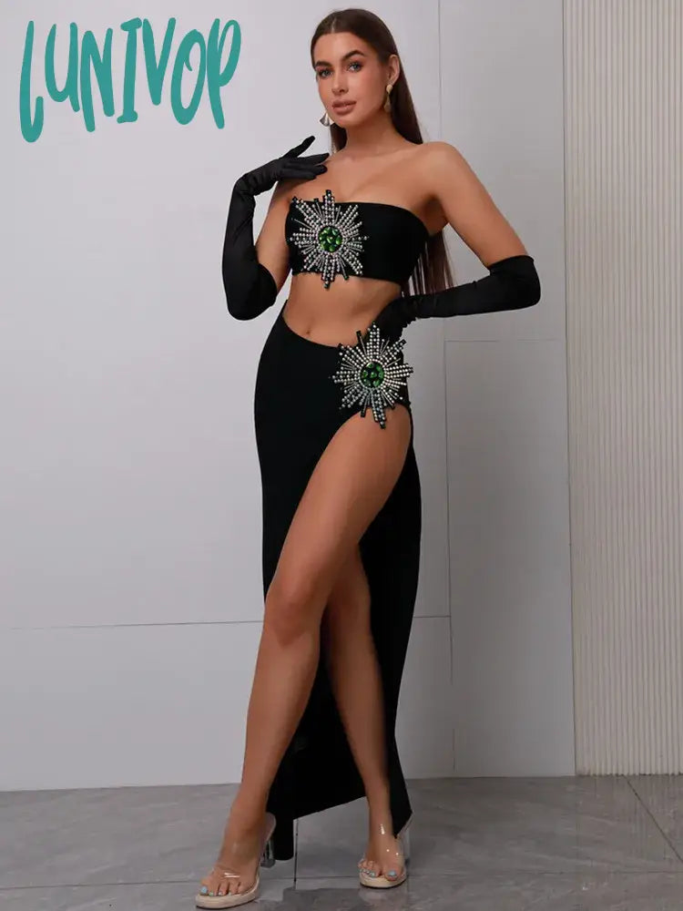 Lunivop Women Celebrity Luxury Sexy Rhinestone Sparkly Crop Top Black Maxi Long Bodycon Bandage Skirt Set Elegant Evening Club Party Outfit elastic waist skirt Lunivop Women Celebrity Luxury Sexy Rhinestone Sparkly Crop Top Black Maxi Long Bodycon Bandage Skirt Set Elegant Evening Club Party Outfit elastic waist skirt