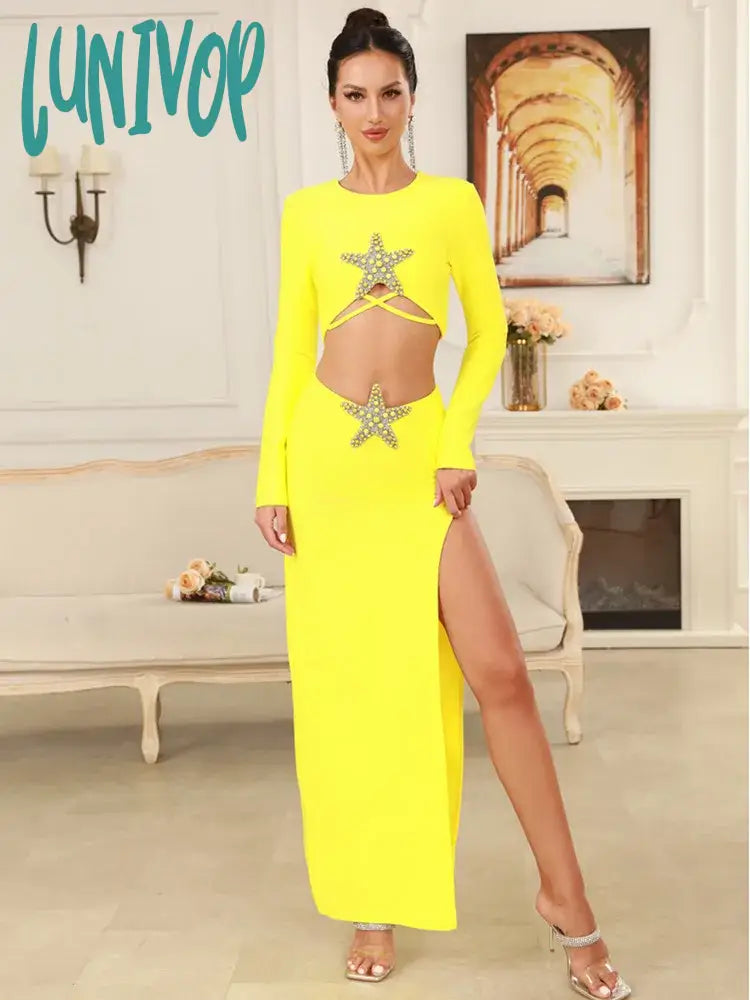 Lunivop Women Celebrity Sexy Long Sleeve Starfish Yellow Maxi Long Bodycon Bandage Skirt Set Elegant Evening Club Party Outfit velvet skirt plush Lunivop Women Celebrity Sexy Long Sleeve Starfish Yellow Maxi Long Bodycon Bandage Skirt Set Elegant Evening Club Party Outfit velvet skirt plush