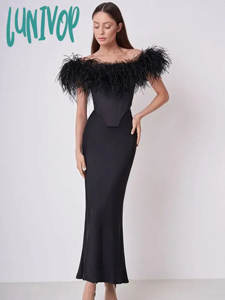 Lunivop Women Celebrity Sexy Off Shoulder Feather Black Maxi Long Bodycon Bandage Skirt Set Elegant Evening Club Party Outfits summer skirt style Lunivop Women Celebrity Sexy Off Shoulder Feather Black Maxi Long Bodycon Bandage Skirt Set Elegant Evening Club Party Outfits summer skirt style