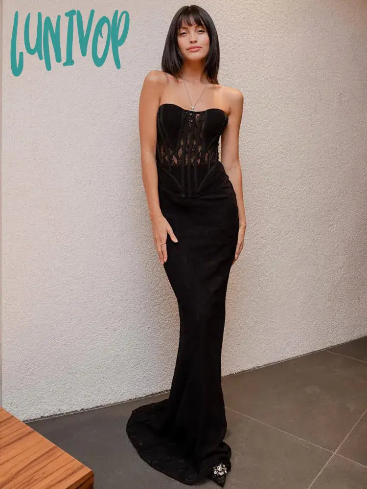 Lunivop Women Celebrity Sexy Strapless Backless Lace Black Maxi Long Skirt Bandage Set 2024 Elegant Evening Club Party Outfits chiffon skirt delicate Lunivop Women Celebrity Sexy Strapless Backless Lace Black Maxi Long Skirt Bandage Set 2024 Elegant Evening Club Party Outfits chiffon skirt delicate