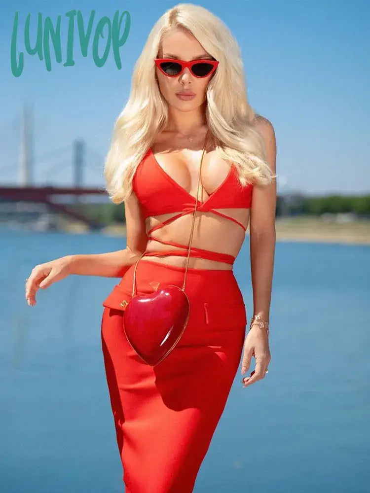 Lunivop Women Summer Sexy V Neck Red Black Two Piece Maxi Long Skirt Bandage Set Evening Party Women's Skirt Set Crop Top corduroy skirt comfortable Lunivop Women Summer Sexy V Neck Red Black Two Piece Maxi Long Skirt Bandage Set Evening Party Women's Skirt Set Crop Top corduroy skirt comfortable
