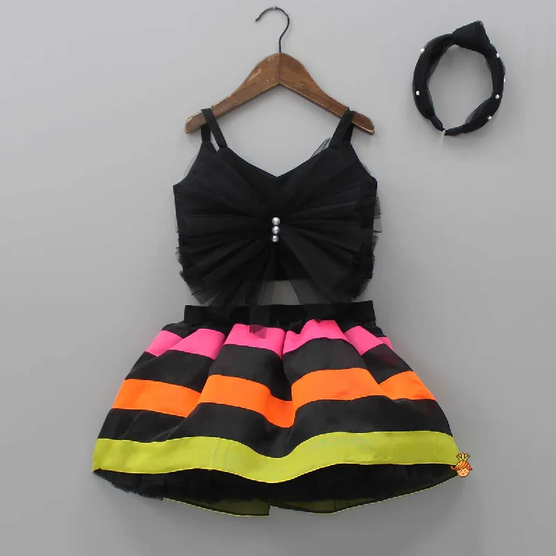 Pre Order: Black Frilly Bow Top And Multi Colour Lace Applique Skirt With Matching Pearl Work Hair Band belted skirt waist Pre Order: Black Frilly Bow Top And Multi Colour Lace Applique Skirt With Matching Pearl Work Hair Band belted skirt waist