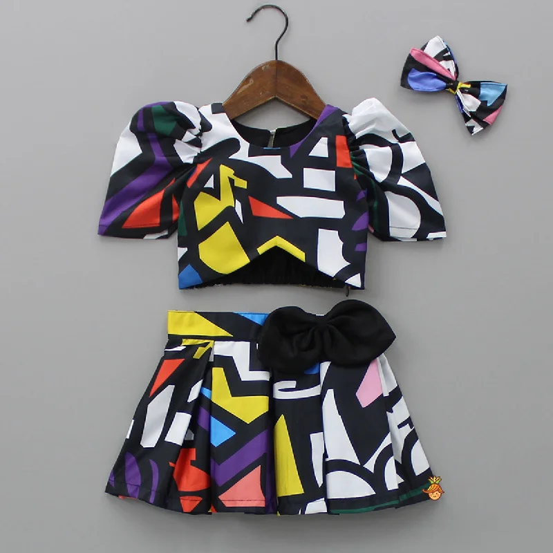 Pre Order: Geometric Printed Asymmetric Black Top And Skirt With Matching Hair Clip leather skirt modern