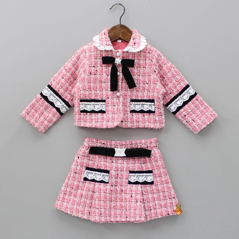 Pre Order: Pretty Pink Tweed Shirt Style Top And Skirt satin skirt smooth