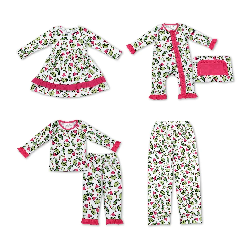 RTS NO MOQ Christmas Green Monster Pattern Long Sleeve Suit & Climbing Suit & Skirt & Adult Pants velvet skirt rich RTS NO MOQ Christmas Green Monster Pattern Long Sleeve Suit & Climbing Suit & Skirt & Adult Pants velvet skirt rich