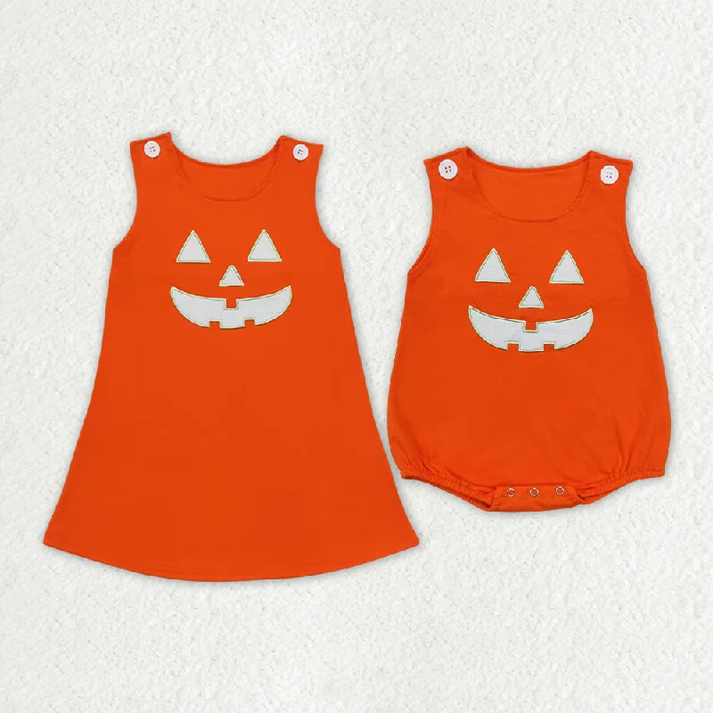 RTS NO MOQ Halloween face smiley embroidery orange embroidered skirt romper ribbed skirt waist RTS NO MOQ Halloween face smiley embroidery orange embroidered skirt romper ribbed skirt waist