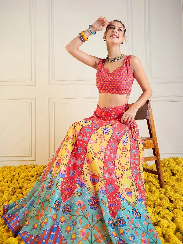 Women Red & Yellow Floral Anarkali Skirt With Dori Crop Top linen skirt light
