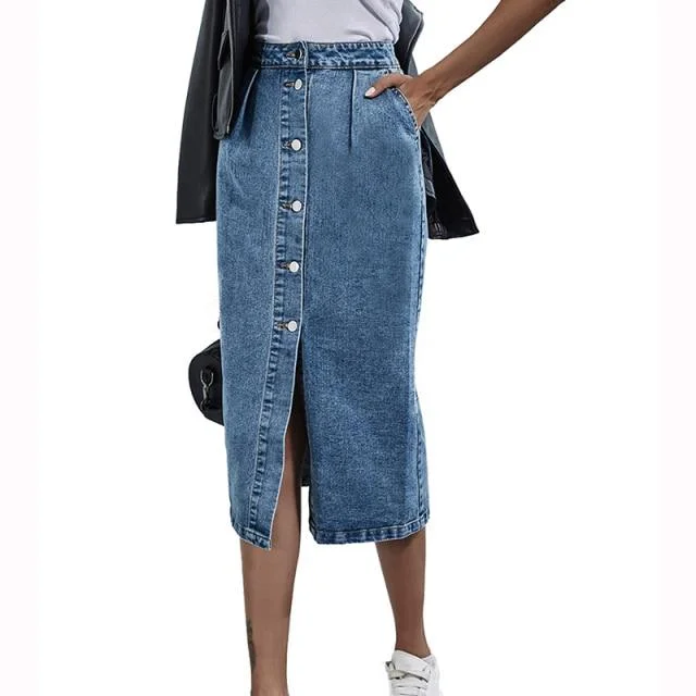 Single Breasted Knee Length Denim Skirt Women Casual High Waist Skirt silk skirt elegant Single Breasted Knee Length Denim Skirt Women Casual High Waist Skirt silk skirt elegant
