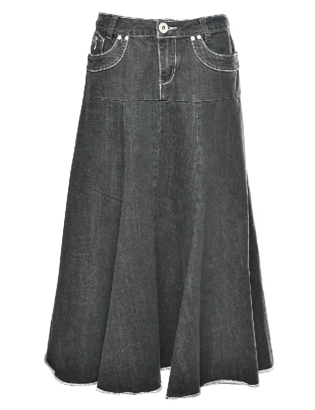 Black 1990s Denim Midi Skirt - M leather skirt modern