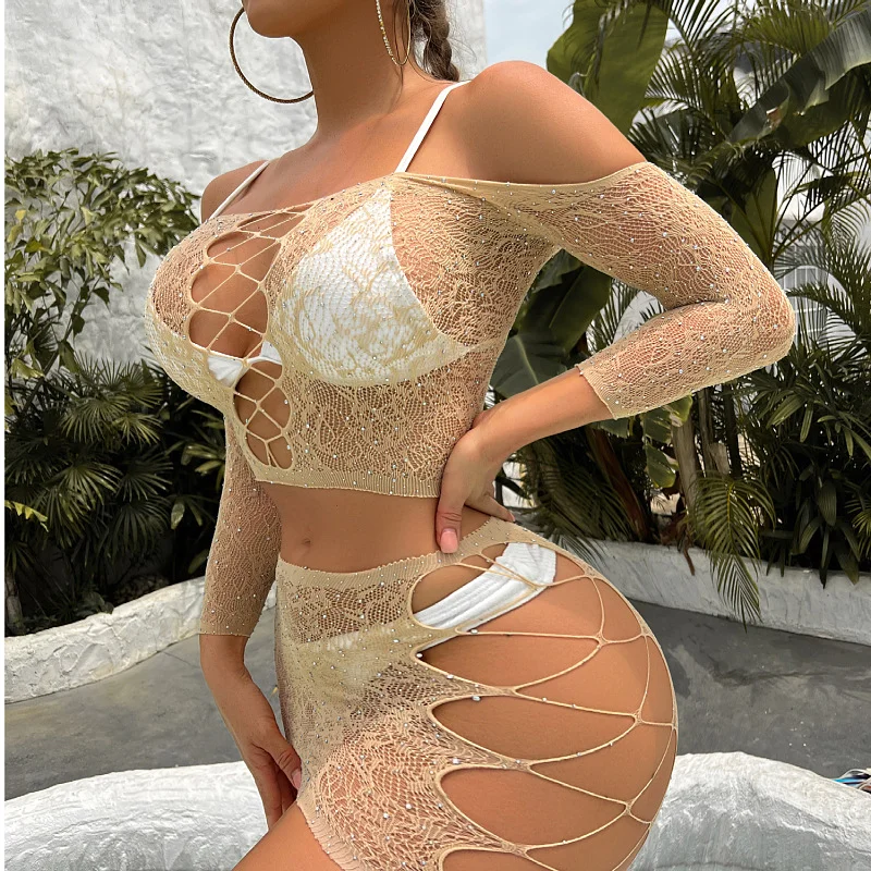 Women Sexy See-Through Mesh Solid Color Off-Shoulder Long Sleeve Top And Cut Out Skirt Nightclub Set ( 2 PCS ) breathable skirt fabric Women Sexy See-Through Mesh Solid Color Off-Shoulder Long Sleeve Top And Cut Out Skirt Nightclub Set ( 2 PCS ) breathable skirt fabric