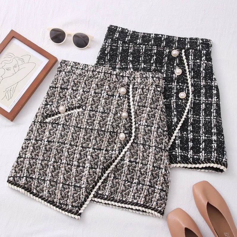 Women Tweed Skirts Solid High Waist Skirt Double Breasted Mini Skirt cotton skirt soft Women Tweed Skirts Solid High Waist Skirt Double Breasted Mini Skirt cotton skirt soft