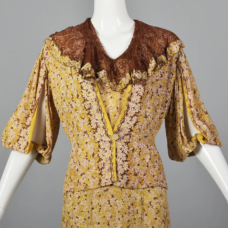 1930s Yellow Floral Dress with Open Sleeve Jacket