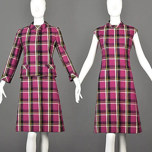 1960s Christian Mann for Marquise Plaid Two Piece Dress and Jacket Set