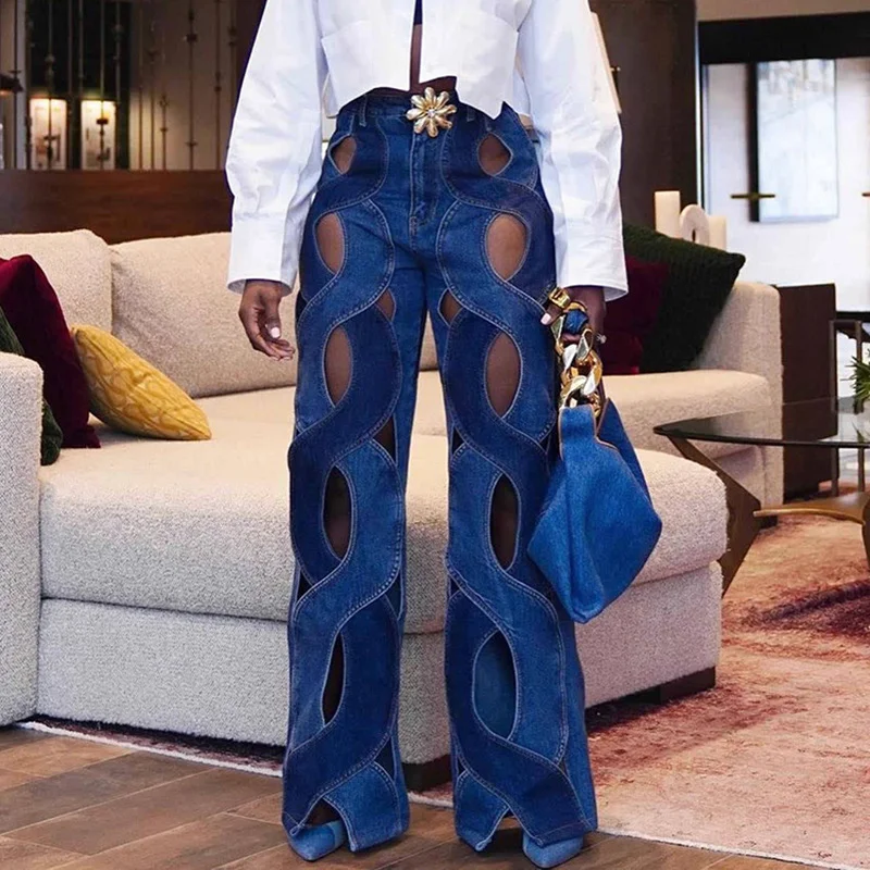2 pieces Women Fashion Cutout Metal Buckle Wide-Leg Jeans Comfortable Jogger Style Jeans 2 pieces Women Fashion Cutout Metal Buckle Wide-Leg Jeans Comfortable Jogger Style Jeans