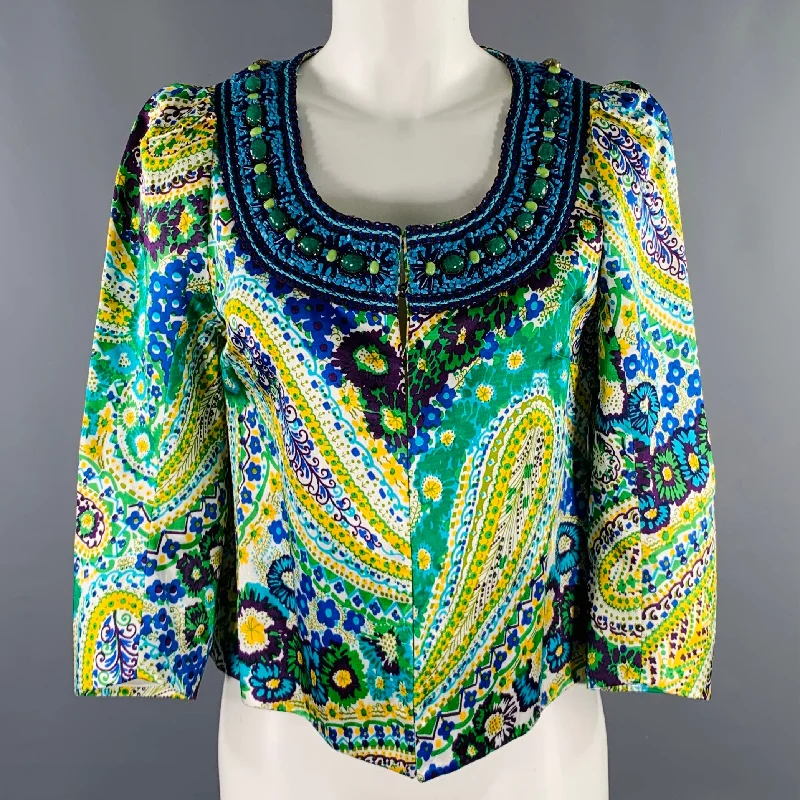 ANDREW GN Size 6 Green Yellow Linen Blend Paisley Jacket