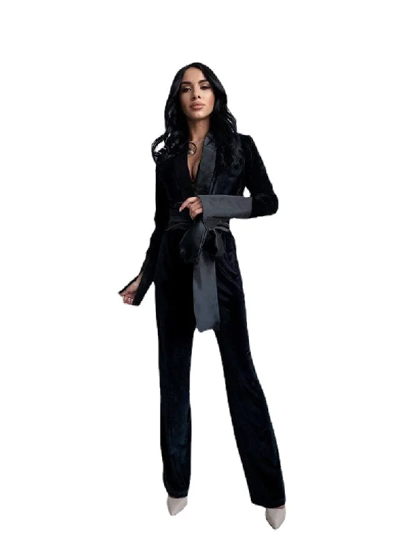 Black Velvet Women Blazer Suit with Belt Long Sleeve Slim Fit Ladies Formal Pants Suits Prom Party Wedding (jacket+pants)