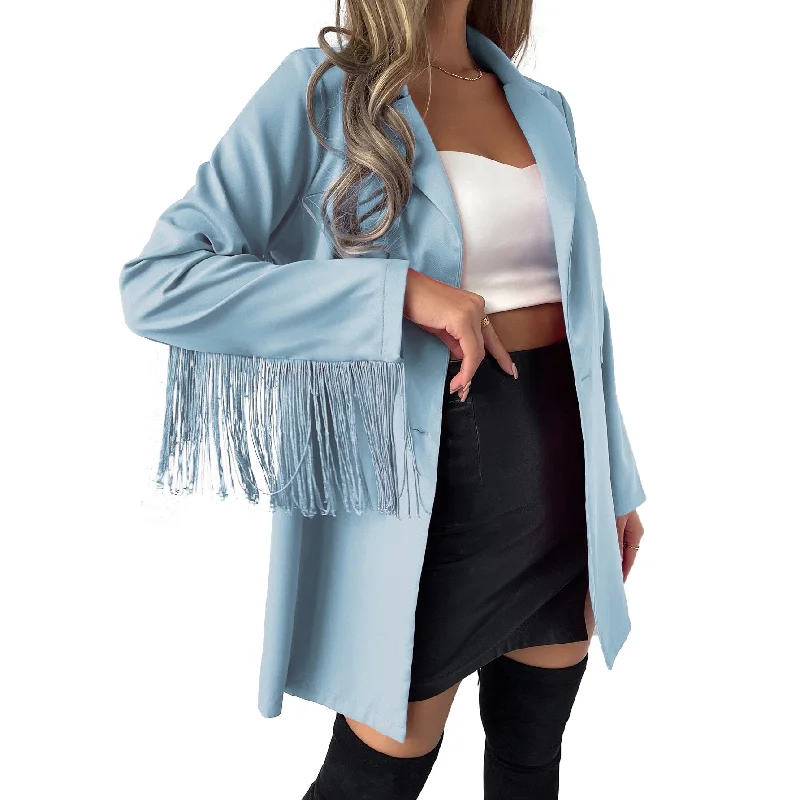 Blue Double Breasted Women Loose Leisure Tassel Long Jacket Sexy Ladies Prom Evening Guest Formal Wear Custom Made Blazer